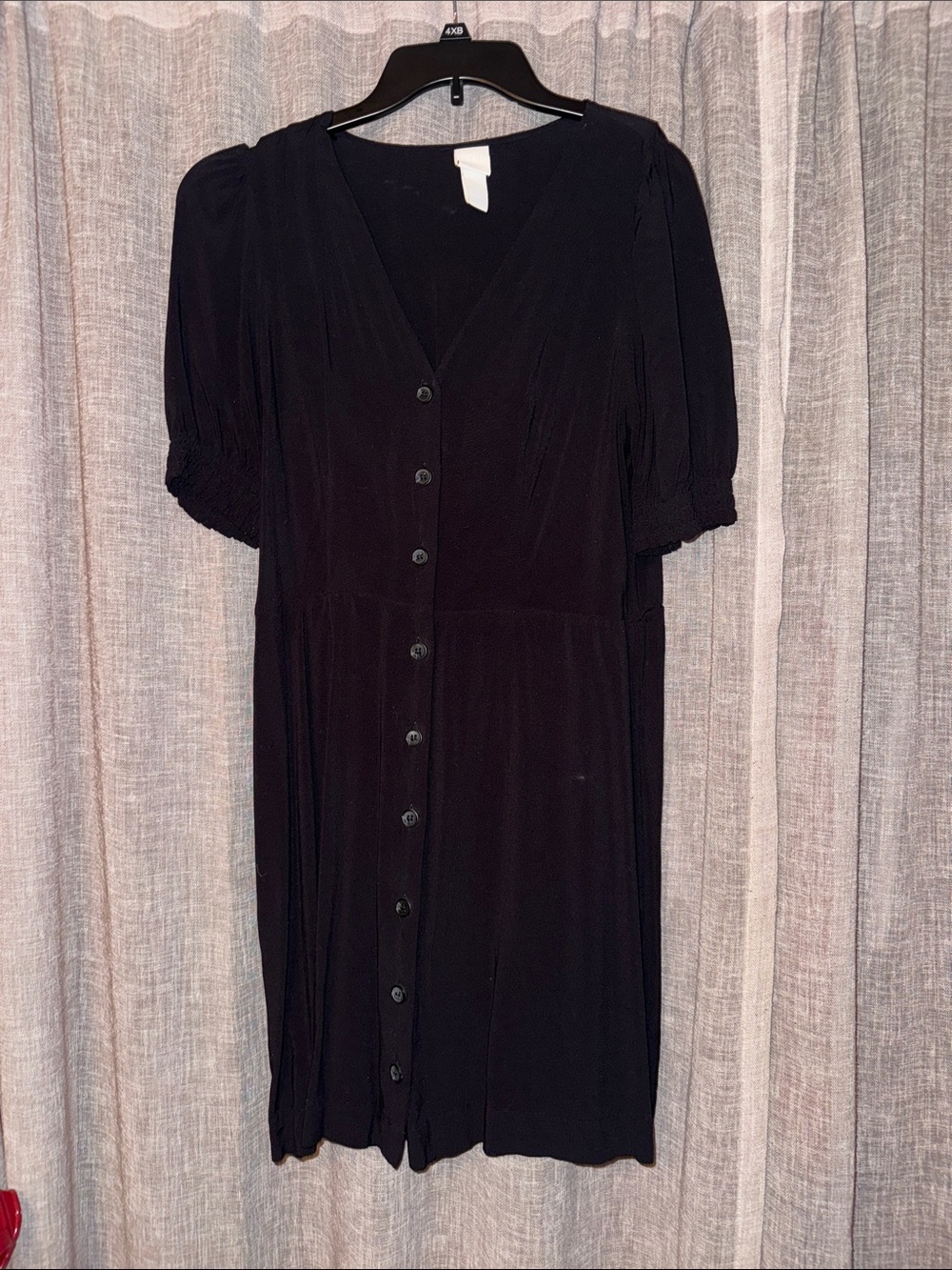 H&M Black Button-Front Midi Dress with Puff Sleeves